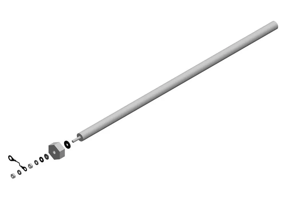 Bosch-Anode in grauem Farbton mit einem langen, zylindrischen Körper, seitlich angeordneten Dichtungen und einer sechseckigen Unterlegscheibe.